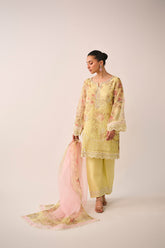 SS24DA-2466 LEMON YELLOW 2PCS EMBROIDERED KURTA WITH TROUSER