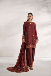 SS25DD-2593 DARK BROWN EMBROIDERED DUPATTA