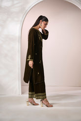 FW24DA-2603 OLIVE GREEN 2PCS EMBROIDERED KURTA WITH TROUSER