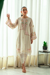 SS25DA-2732 OFF-WHITE 2PCS EMBROIDERED KURTA WITH TROUSER