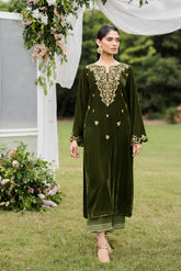 FW25DA-2831 OLIVE GREEN 2PCS EMBROIDERED KURTA WITH TROUSER