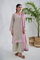 SS25DC-2563 GREY COTTON JACQUARD 2PCS EMBROIDERED KURTA WITH TROUSER