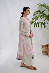 SS25DC-2563 GREY COTTON JACQUARD 2PCS EMBROIDERED KURTA WITH TROUSER