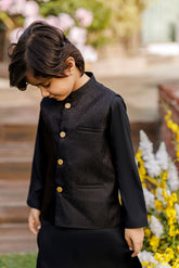 SS26DK-0228 - BLACK - KURTA ,PAJAMA & WAIST COAT - 3PCS