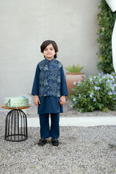 SS25DK-0188 - NAVY BLUE - KURTA ,PAJAMA & WAIST COAT - 3PCS