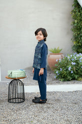 SS25DK-0188 - NAVY BLUE - KURTA ,PAJAMA & WAIST COAT - 3PCS