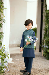 SS25DK-0186 - NAVY BLUE - KURTA ,PAJAMA & WAIST COAT - 3PCS