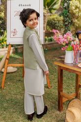 SS26DK-0223 - MINT GREEN - KURTA ,PAJAMA & WAIST COAT - 3PCS