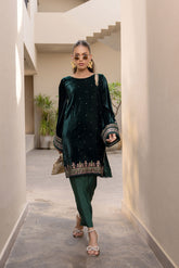 FW24DA-2622 DARK GREEN 2PCS EMBROIDERED KURTA WITH TROUSER