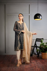 DA-1509 GREY EMBROIDERED KURTA WITH DUPATTA