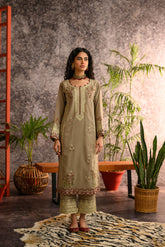 DC-2107 BEIGE KHADDAR 2PCS EMBROIDERED KURTA WITH TROUSER