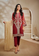 DA-1363 MAROON EMBROIDERED KURTA WITH DUPATTA