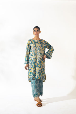 SS24DC-2348 BLUE LAWN 2PCS PRINTED KURTA WITH TROUSER