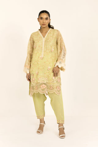 SS24DA-2423 L-GREEN 2PCS  EMBROIDERED KURTA WITH TROUSER