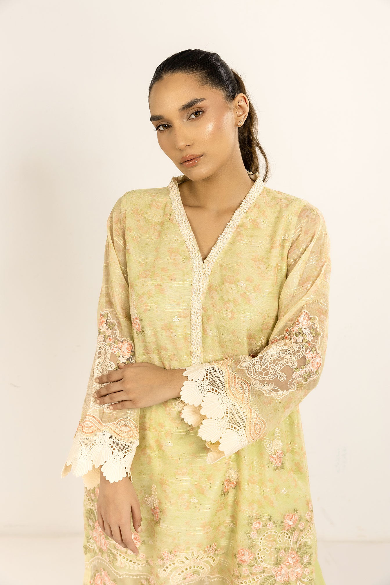 SS24DA-2423 L-GREEN 2PCS  EMBROIDERED KURTA WITH TROUSER