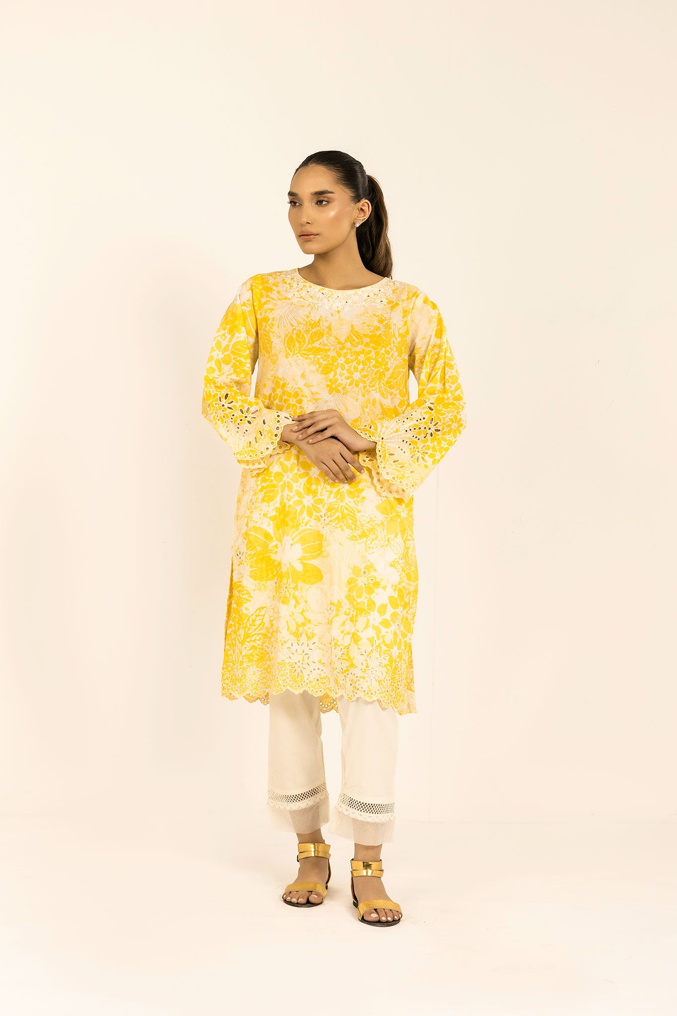 SS24DC-0604 YELLOW EMBROIDERED KURTA