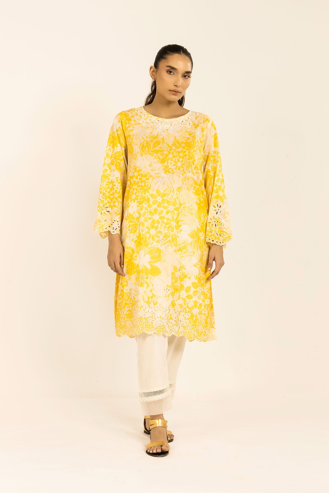 SS24DC-0604 YELLOW EMBROIDERED KURTA