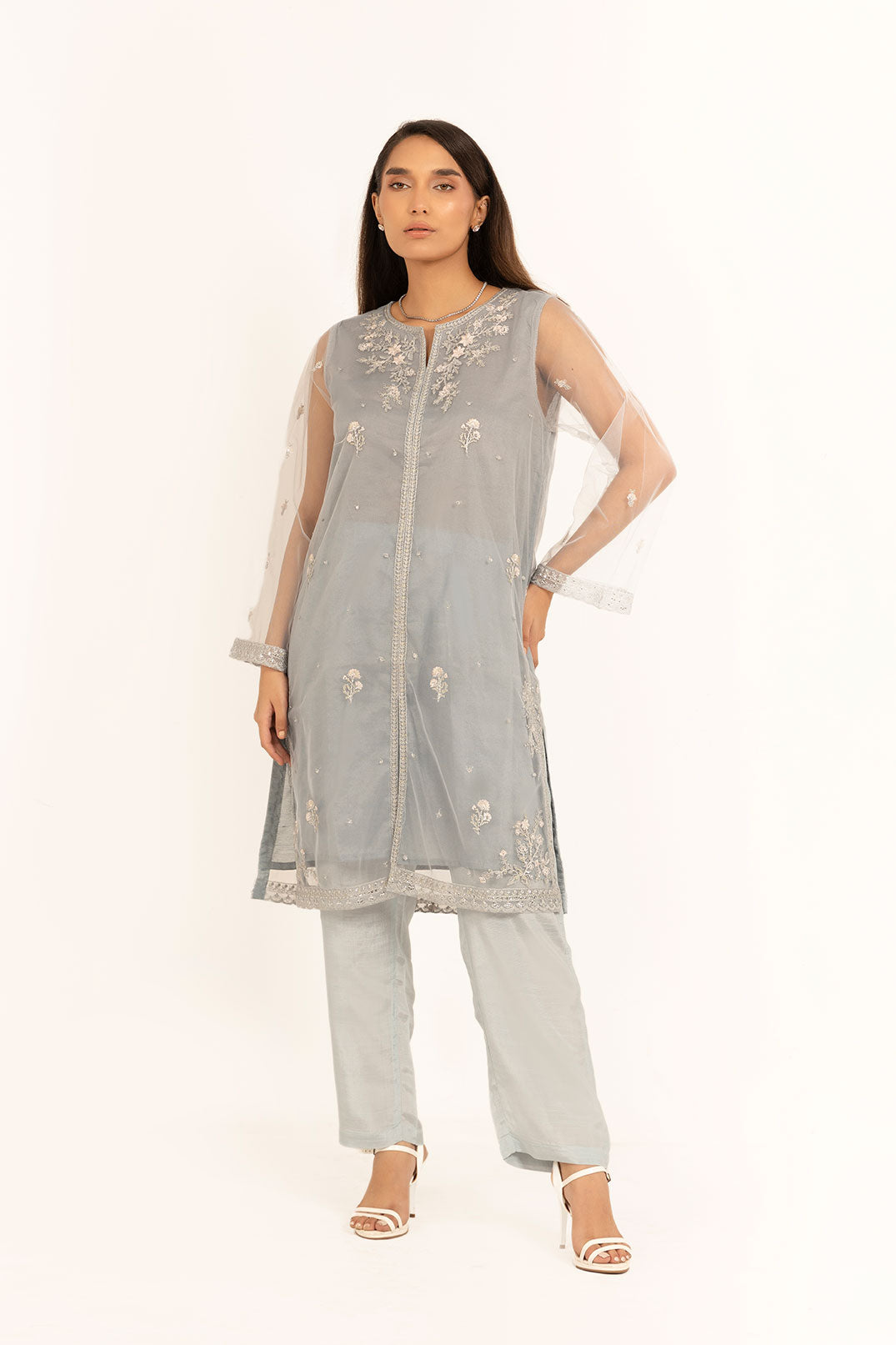 SS24DA-1841 GREY EMBROIDERED KURTA