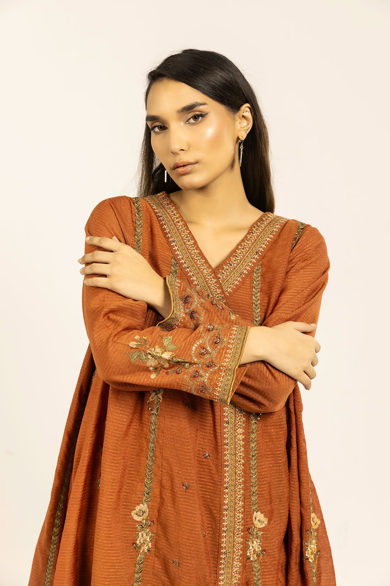 SS24DA-1886 RUST EMBROIDERED KURTA