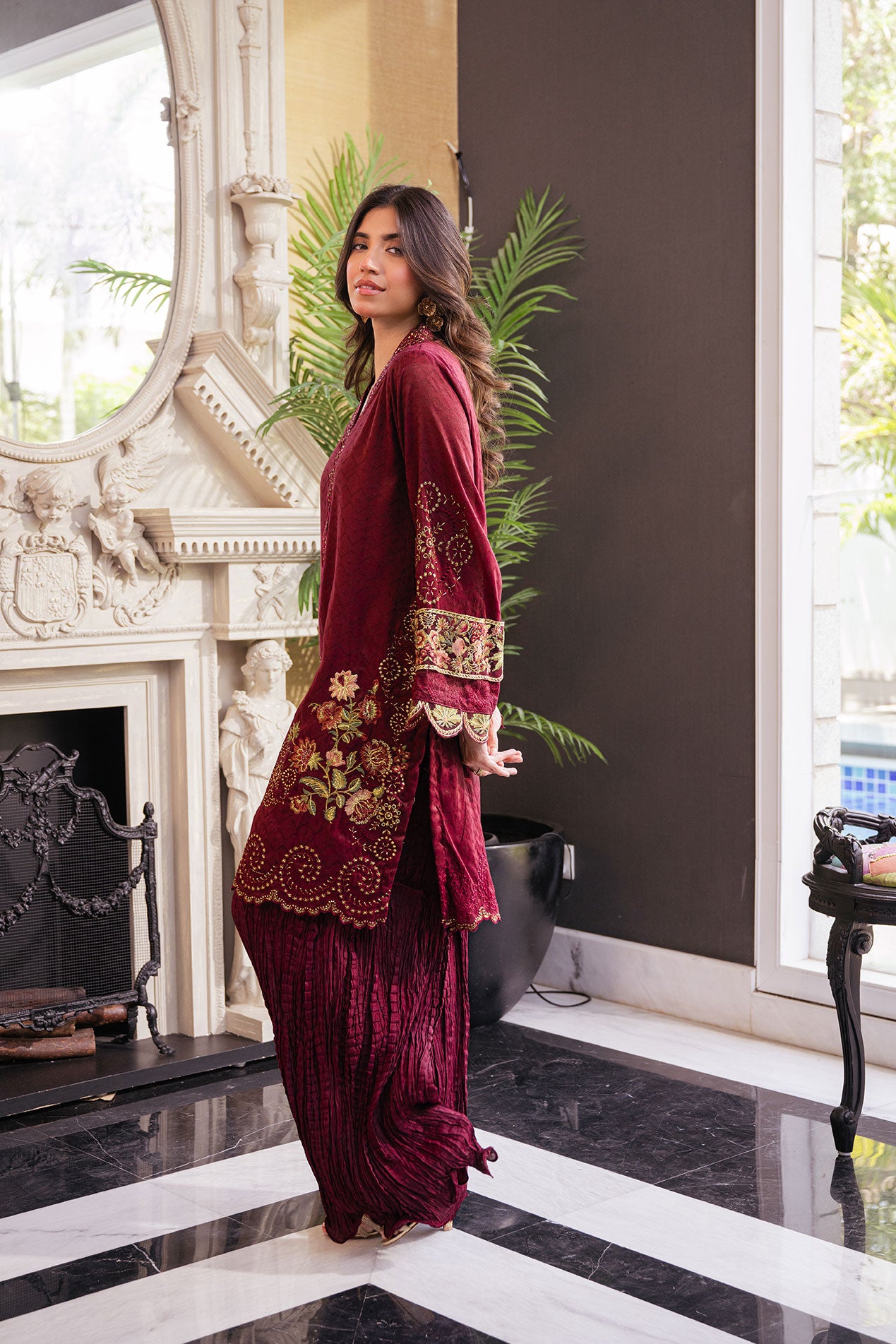 SS24DA-2431 MAROON 2PCS  EMBROIDERED KURTA WITH TROUSER