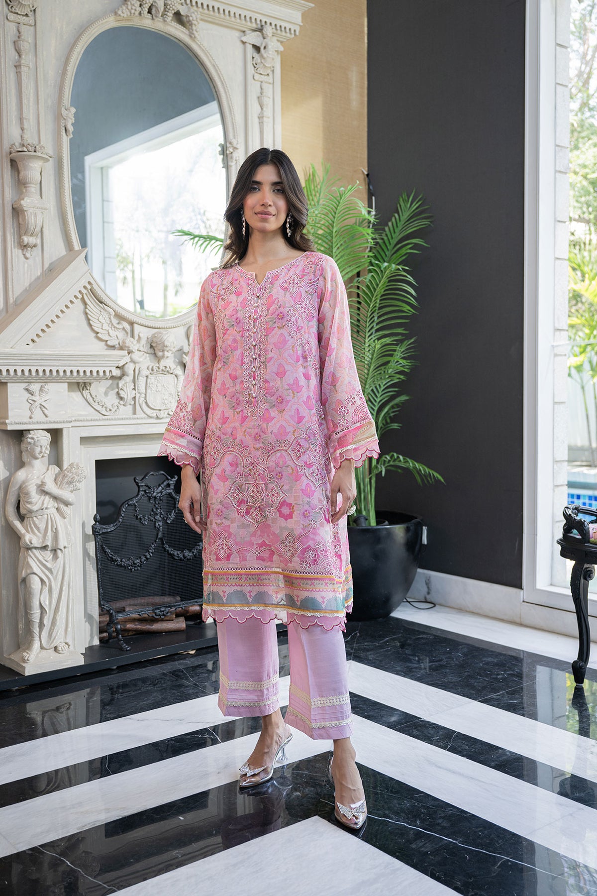 SS24DA-2433 PINK 2PCS  EMBROIDERED KURTA WITH TROUSER