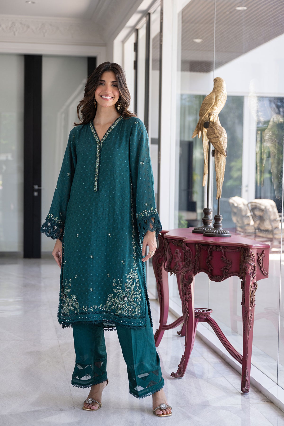 SS24DA-2404 GREEN 2PCS  EMBROIDERED KURTA WITH TROUSER