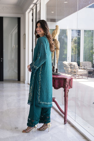 SS24DA-2404 GREEN 2PCS  EMBROIDERED KURTA WITH TROUSER