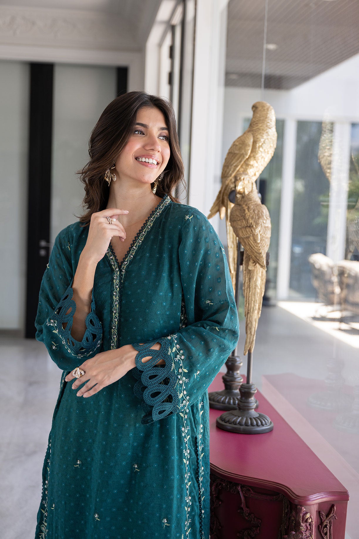 SS24DA-2404 GREEN 2PCS  EMBROIDERED KURTA WITH TROUSER