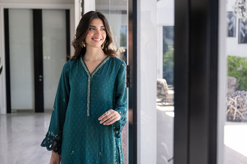 SS24DA-2404 GREEN 2PCS  EMBROIDERED KURTA WITH TROUSER