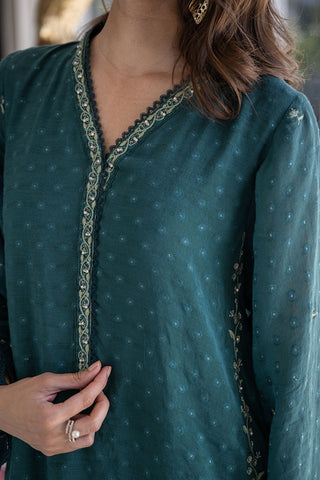 SS24DA-2404 GREEN 2PCS  EMBROIDERED KURTA WITH TROUSER