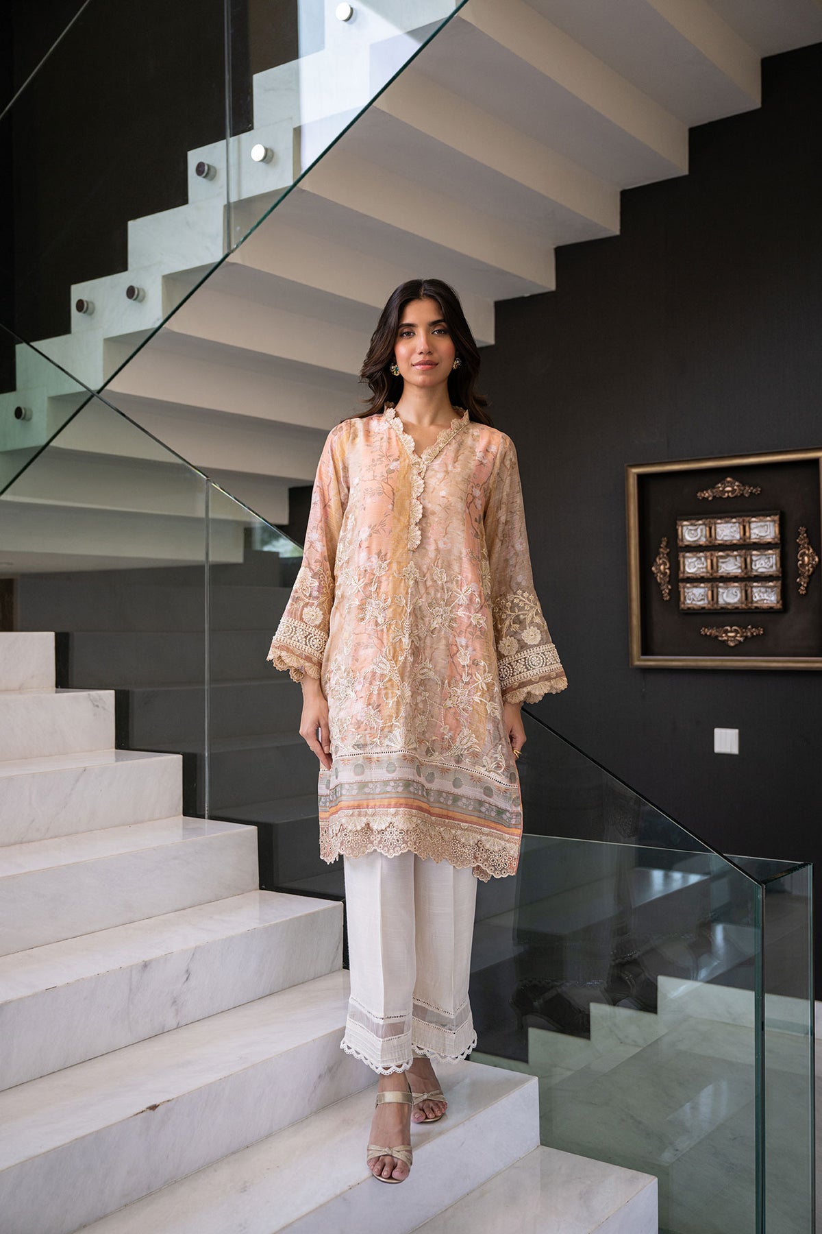 SS24DA-2434 PEACH 2PCS  EMBROIDERED KURTA WITH TROUSER