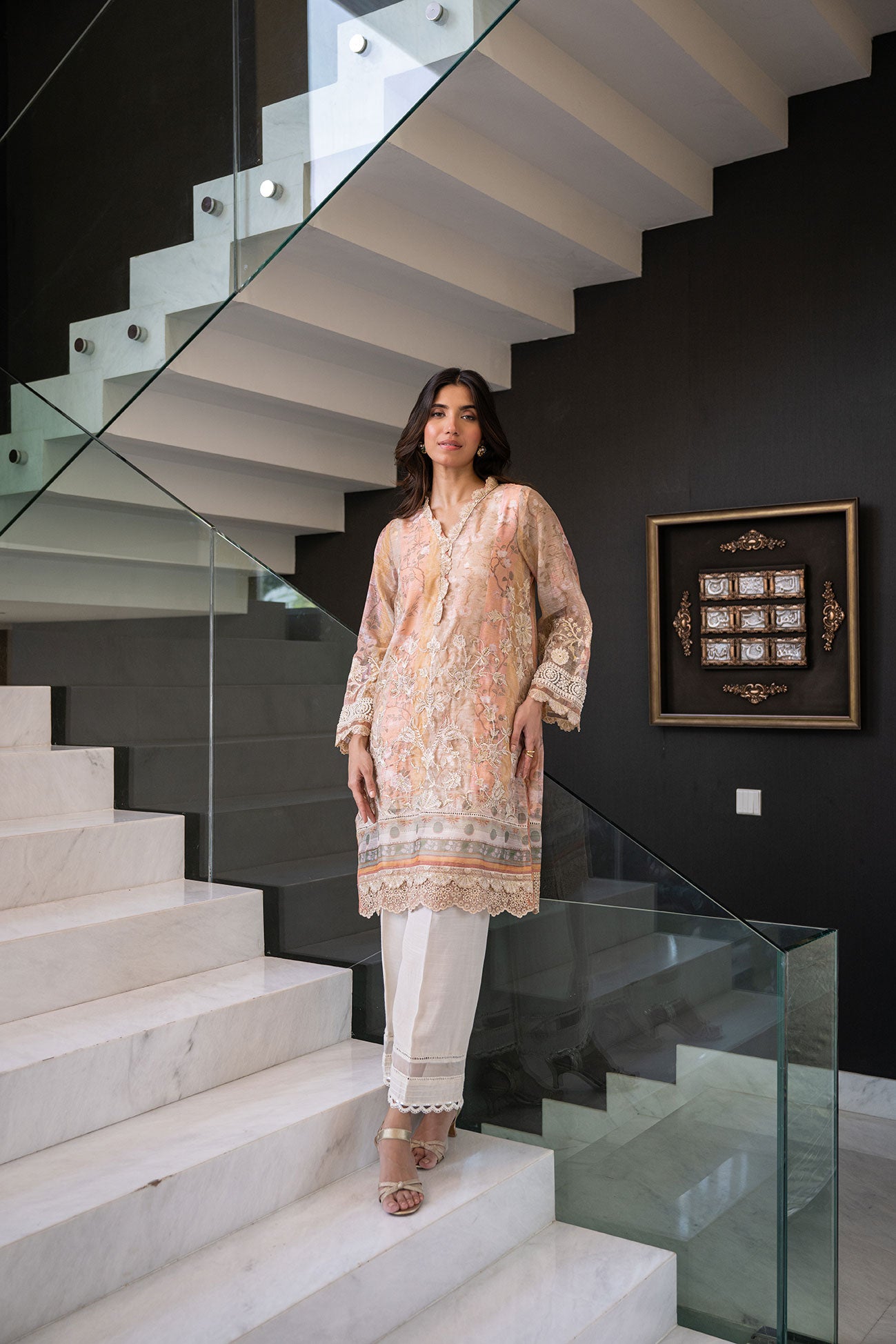 SS24DA-2434 PEACH 2PCS  EMBROIDERED KURTA WITH TROUSER