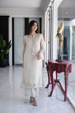 SS24DA-2432 OFF WHITE 2PCS  EMBROIDERED KURTA WITH TROUSER