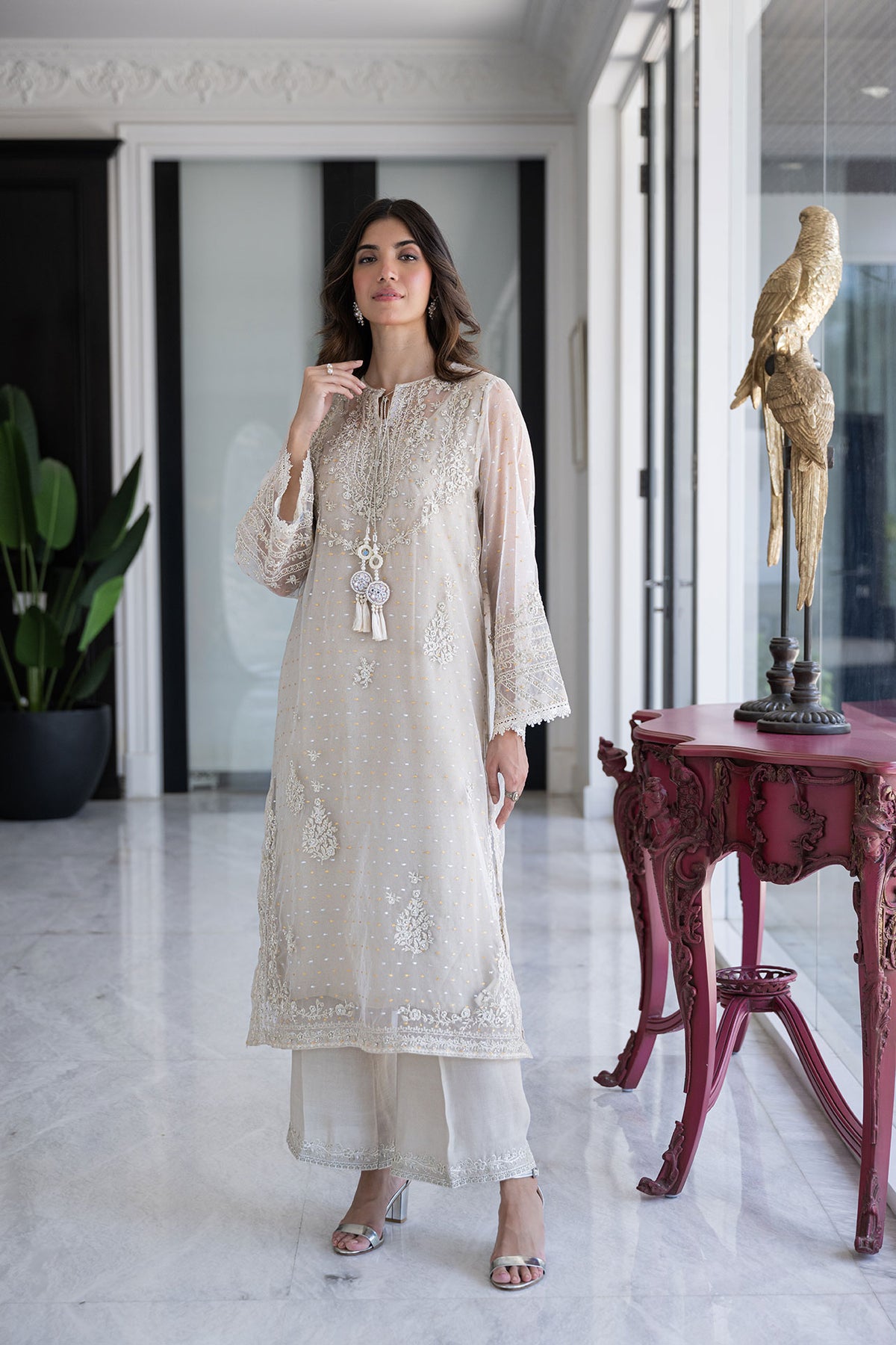 SS24DA-2432 OFF WHITE 2PCS  EMBROIDERED KURTA WITH TROUSER