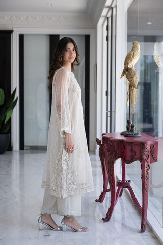 SS24DA-2432 OFF WHITE 2PCS  EMBROIDERED KURTA WITH TROUSER