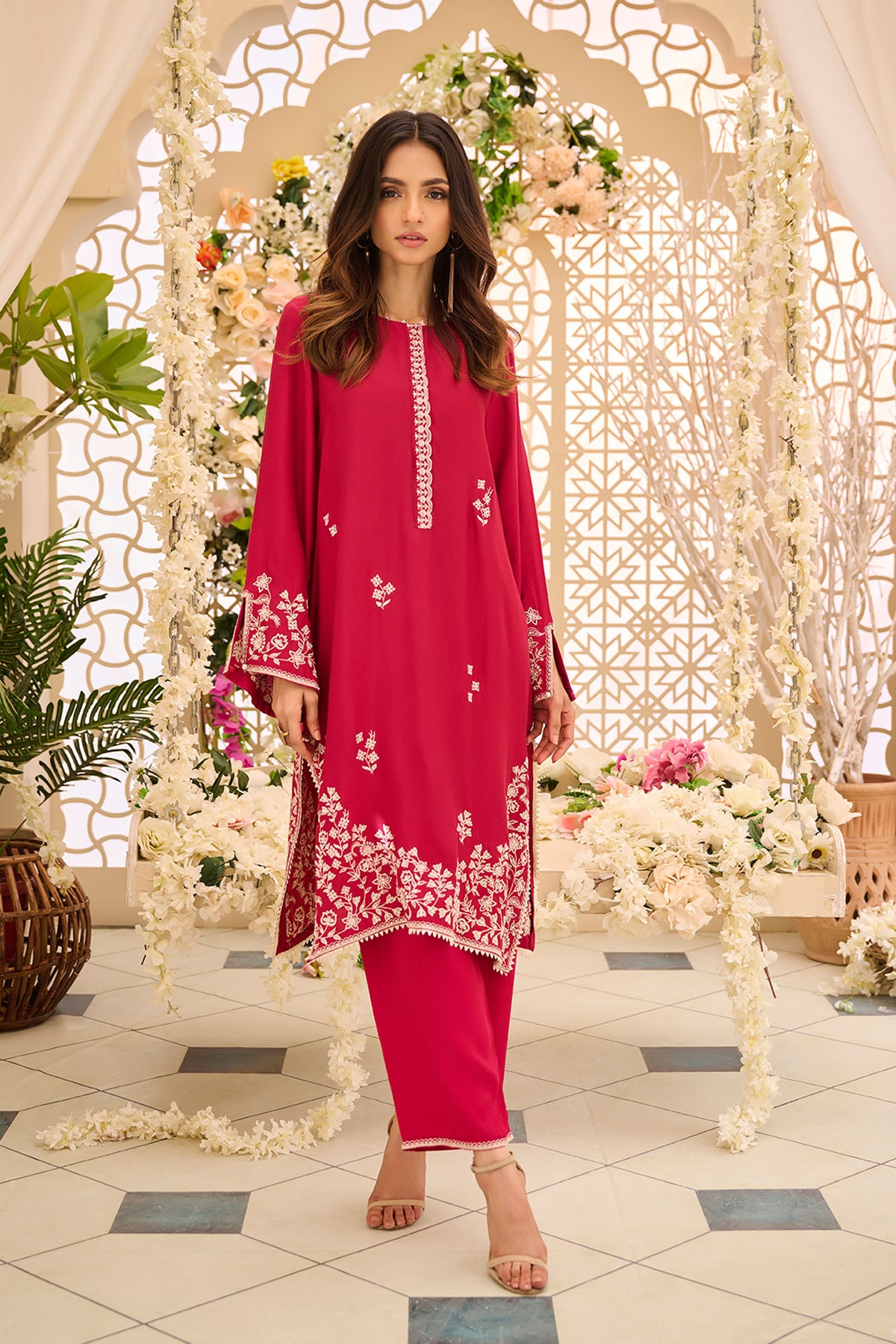 DA-2166 PINK 2PCS  EMBROIDERED KURTA WITH TROUSER