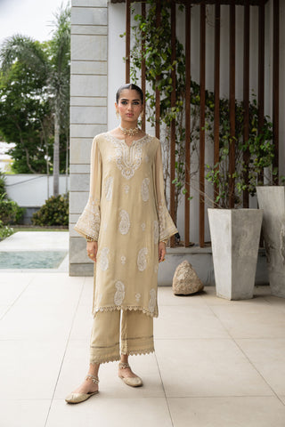 SS24DA-2412   BEIGE  2PCS  EMBROIDERED KURTA WITH TROUSER