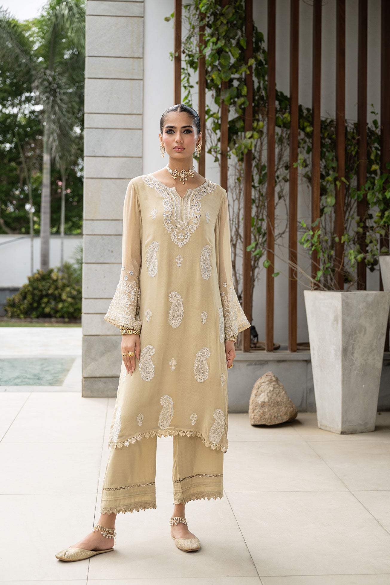 SS24DA-2412   BEIGE  2PCS  EMBROIDERED KURTA WITH TROUSER