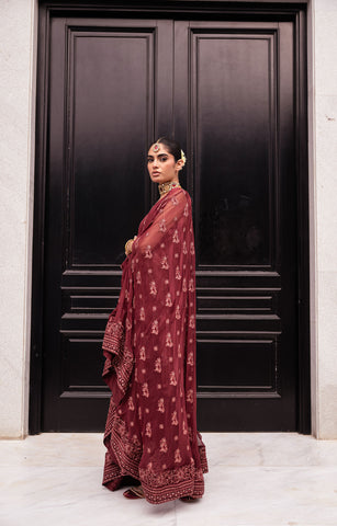 SS24DA-2415   MAROON  2PCS  EMBROIDERED CAPE WITH TROUSER