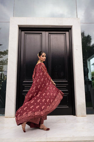 SS24DA-2415   MAROON  2PCS  EMBROIDERED CAPE WITH TROUSER