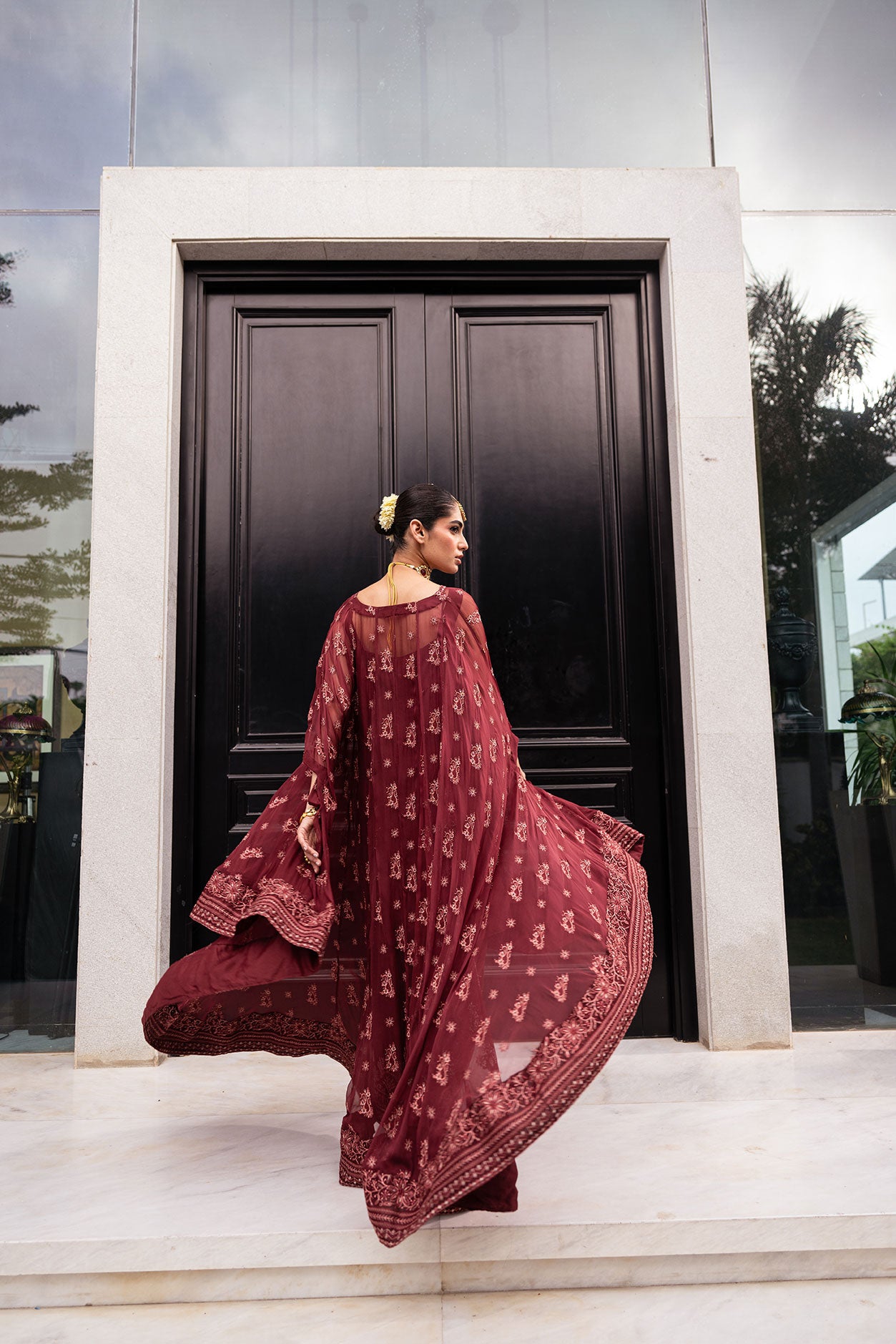 SS24DA-2415   MAROON  2PCS  EMBROIDERED CAPE WITH TROUSER