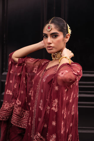 SS24DA-2415   MAROON  2PCS  EMBROIDERED CAPE WITH TROUSER