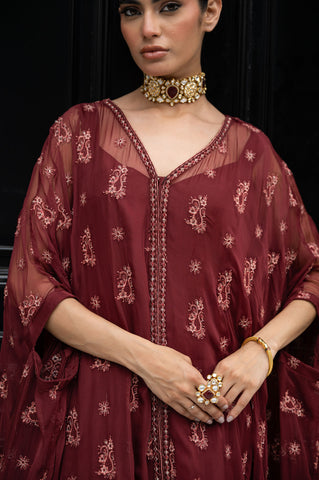 SS24DA-2415   MAROON  2PCS  EMBROIDERED CAPE WITH TROUSER