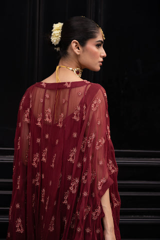 SS24DA-2415   MAROON  2PCS  EMBROIDERED CAPE WITH TROUSER