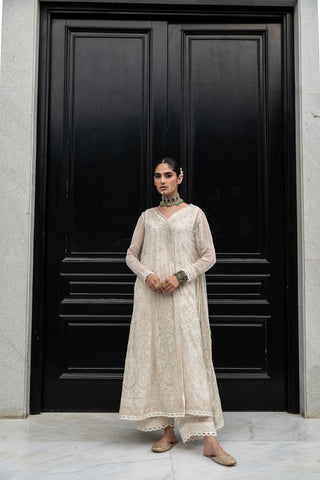 SS24DA-2417   OFF WHITE  2PCS  EMBROIDERED KURTA WITH TROUSER