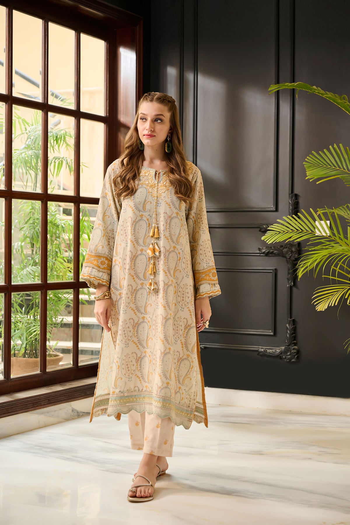 DC-2282 BEIGE 2PCS  EMBROIDERED KURTA WITH TROUSER