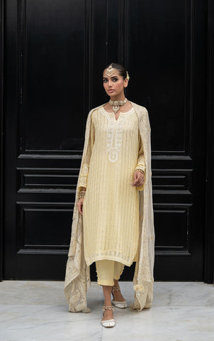 SS24DA-2411   LEMON YELLOW  2PCS  EMBROIDERED KURTA WITH TROUSER