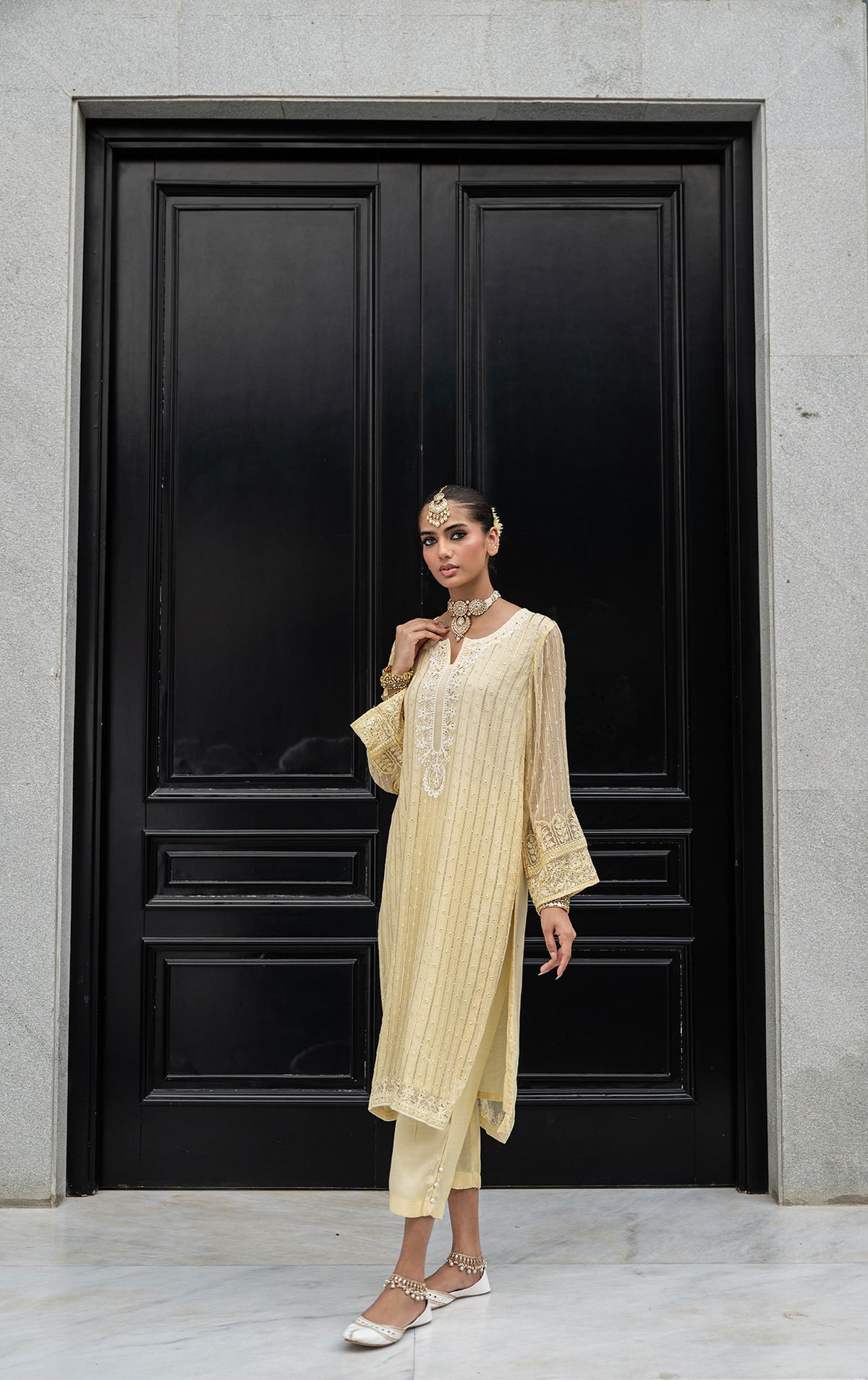 SS24DA-2411   LEMON YELLOW  2PCS  EMBROIDERED KURTA WITH TROUSER