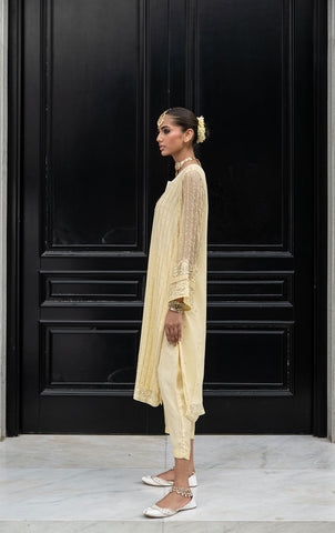 SS24DA-2411   LEMON YELLOW  2PCS  EMBROIDERED KURTA WITH TROUSER