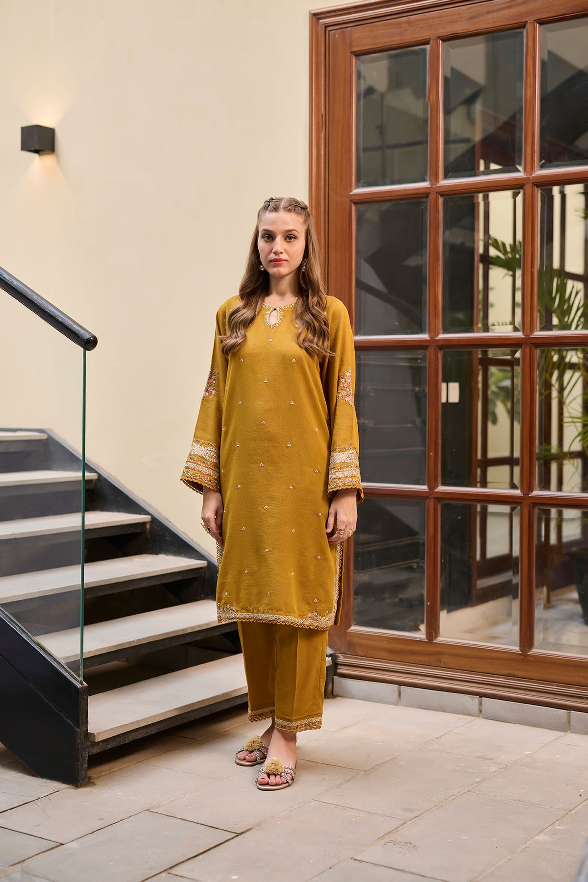 DC-2290 MUSTARD 2PCS  EMBROIDERED KURTA WITH TROUSER